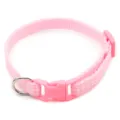 Pink plaid pet collar detail featuring secure plastic buckle and durable metal D-ring. - Pink