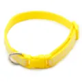 Yellow pet collar detail showing stripe webbing, durable plastic buckle and metal D-ring. - Yellow