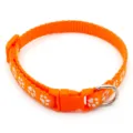 Close-up detail shot of orange pet collar featuring white paw print pattern and durable buckle. - Orange Red