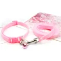 Pink pet collar and leash set detail view, featuring durable nylon strap and a cute bell. - Pink
