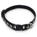 Black nylon pet collar featuring white paw print design, secure plastic buckle and D-ring. - Size S, Width 1.0cm, Adjustable 17-26cm / Black