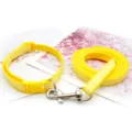 Detailed view of yellow white plaid pet dog collar and leash set close up showcase. - Yellow