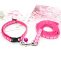 Set collare e guinzaglio per animali domestici con stampa zampa rosa e campanello, regolabile. - Rosso rosa