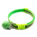 Détail de collier pour animal vert, bande réfléchissante et grosse cloche verte gros plan. - Vert clair