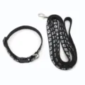 Set guinzaglio e collare nero per animali con simpatiche impronte bianche. Dettaglio. - Nero