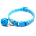 Close-up of blue pet collar detail, featuring pink stars print and a large blue bell accessory. - Width 1.0cm, Adjustable Range 21-34cm / Lake Blue