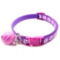 Purple pet collar with paw prints and bell, nylon material for small dogs and cats, detail view. - Purple