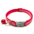 Red plaid pet collar detail, featuring gray plastic buckle and cute red bell, adjustable. - Red
