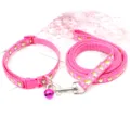 Gros plan détaillé de la laisse de chien rose et du collier de chat avec des motifs de chiots. - Rose rouge