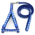 Detailed view of 1cm blue pet harness and leash set with cute cat print and secure metal clasp. - Width 1.0CM Cord Length 1.2M Adjustment Range 19-32CM / Blue