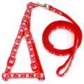 Red pet harness leash detail showing cute cat print pattern and durable metal clasp hardware. - Width 1.0cm, Leash Length 120cm / Red