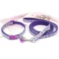 Close-up of purple pet leash and collar set, featuring cute cartoon animal print and metal bell. - Width 1.0cm, Leash Length 1.2m, Adjustable Range 19-32cm / Purple