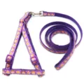 Cute cartoon print pet harness and leash set in purple, 1cm width, ideal for small dogs and cats. - Width 1.0cm, Leash Length 120cm / Purple
