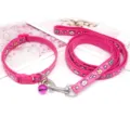 Pink pet collar and leash set with cute cartoon animal prints, plastic buckle, and bell. - Width 1.0cm, Leash Length 1.2m, Adjustable Range 19-32cm / Rose Red