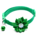 Green pet collar close-up, featuring a ribbon flower with rhinestone and a small bell. - Green