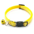 Yellow plaid cat collar detail view, featuring black cat buckle, metal ring and sweet bell. - Yellow