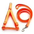 Orange plaid pet dog harness and leash set detail, adjustable vest style strap with metal hook. - Orange