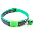 Christmas pet dog cat collar with green buckle bell and reindeer holiday pattern detail shot - 1.0cm Width, Adjustable 19-32cm / Blue