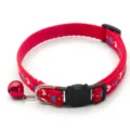 Red heart pet cat collar close-up, featuring a cute black cat safety buckle and red bell. - Red