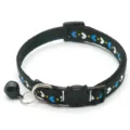 Black cat collar with blue white heart pattern, cute cat buckle bell, pet accessory detail shot. - Black