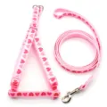 Pink cute heart pattern pet harness and leash set for dogs cats. Detailed product display. - Pink