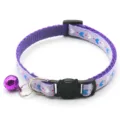 Purple cat collar with cute heart pattern, cat face buckle, and a bell. Detail view. - Light Purple