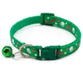 Green pet collar detail showing cute bone paw print pattern, plastic buckle and metal bell. - 1.0cm Width, Adjustable 19-32cm / Green