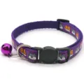 Purple printed pet collar with cute cartoon dog faces, safety buckle, D-ring and purple bell. - Purple