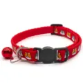 Red pet collar detail view, cute animal print, durable buckle and hanging bell features. - Red