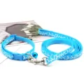Detailed view of blue printed pet leash and collar set, adjustable for small dogs with bell. - Lake Blue