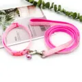 Pink polka dot pet collar and leash set detail, featuring secure buckle and lovely small bell. - Pink