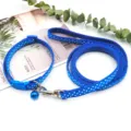 Blue polka dot pet dog collar and leash set with bell for small dogs daily outdoor walking. - Blue