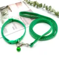 Green polka dot pet collar and leash set for small dogs and cats, durable outdoor walking rope. - Green