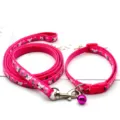 Pink cat print pet leash and collar set for small dogs and cats, cute design with bell. - Rose Red