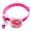 Pink pet collar detail, featuring cute satin flower and sweet bell accessory for cats. - Pink
