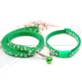 Green bone pattern pet collar and leash set detail shot featuring metal hook and bell. - Green
