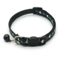 Detailed view of the black pet collar featuring heart prints, safety buckle, and metal bell. - Black