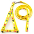 Yellow argyle dog harness and leash set, adjustable pet chest strap for puppy walking. - Yellow