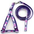 Detailed shot of purple argyle pattern pet harness and leash set with adjustable metal hardware. - Purple