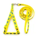 Yellow pet dog harness and leash set with cute blue fish skeleton print, durable nylon. - Yellow