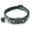 Black pet cat collar with white paw prints, adjustable strap, metal D-ring and cute small bell. - Black