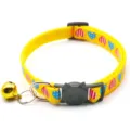 Yellow heart print pet collar detail, featuring a cute cat buckle and metal bell. - Yellow