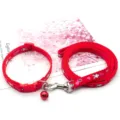Red pet leash and collar set with cute bunny print and bell for small dogs and cats. - Red