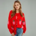 Cardigan en tricot brodé de fraises rouges pour femmes, manteau pull à manches longues. - S / Rouge (Fraise)