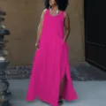 Robe longue sans manches unie grande taille avec poches et fente latérale pour femmes décontractée - 1XL / Rose rouge