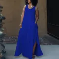 Robe longue sans manches unie de grande taille avec poches et fente pour femmes. - 1XL / Bleu