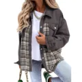 Veste en jean patchwork à carreaux pour femme, manteau décontracté à manches longues et boutons. - Gris foncé