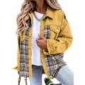 Femme décontractée patchwork manches longues veste simple bouturage élégant col à revers manteau - Jaune