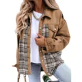 Veste femme manches longues patchwork carreaux boutonnee vetement decontracte detail. - Khaki Foncé