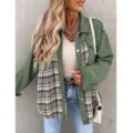 Veste patchwork à carreaux vert femme manches longues boutonné chemise manteau décontracté - S / Vert Militaire
